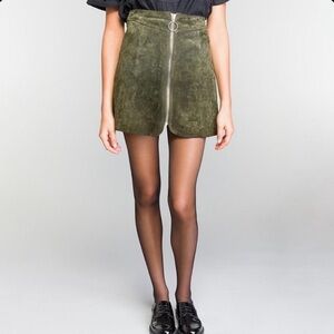 Zara Woman Green Suede O-Ring Zip Up High Waist Mini Skirt A-Line Flare Skater S